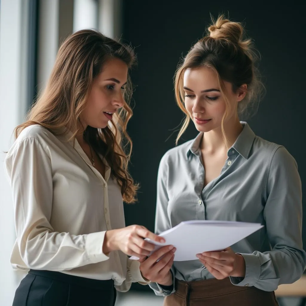 Dos personas colaborando en una propuesta para cliente
